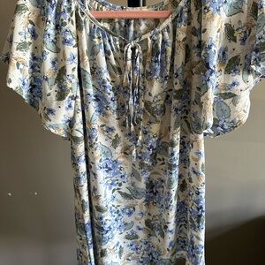 ADORA Floral Blouse - Cream with Blue and Green Floral Accents - Size S
